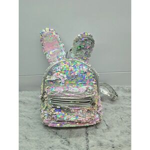 Justice Girls Sequin Bunny Ears Mini Backpack Silver Rainbow Sparkle